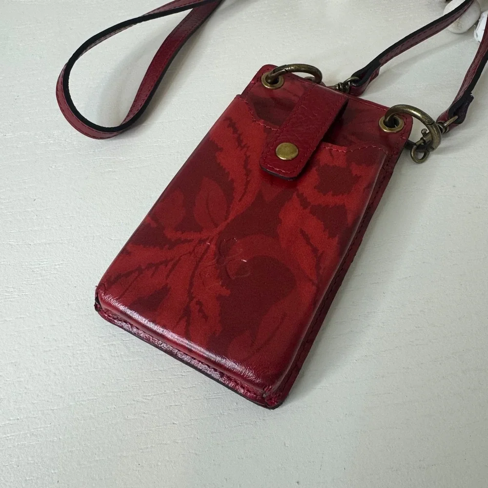 Patricia Nash Red Leather Floral Leaf Crossbody Phone Wallet Bag Antique Brass